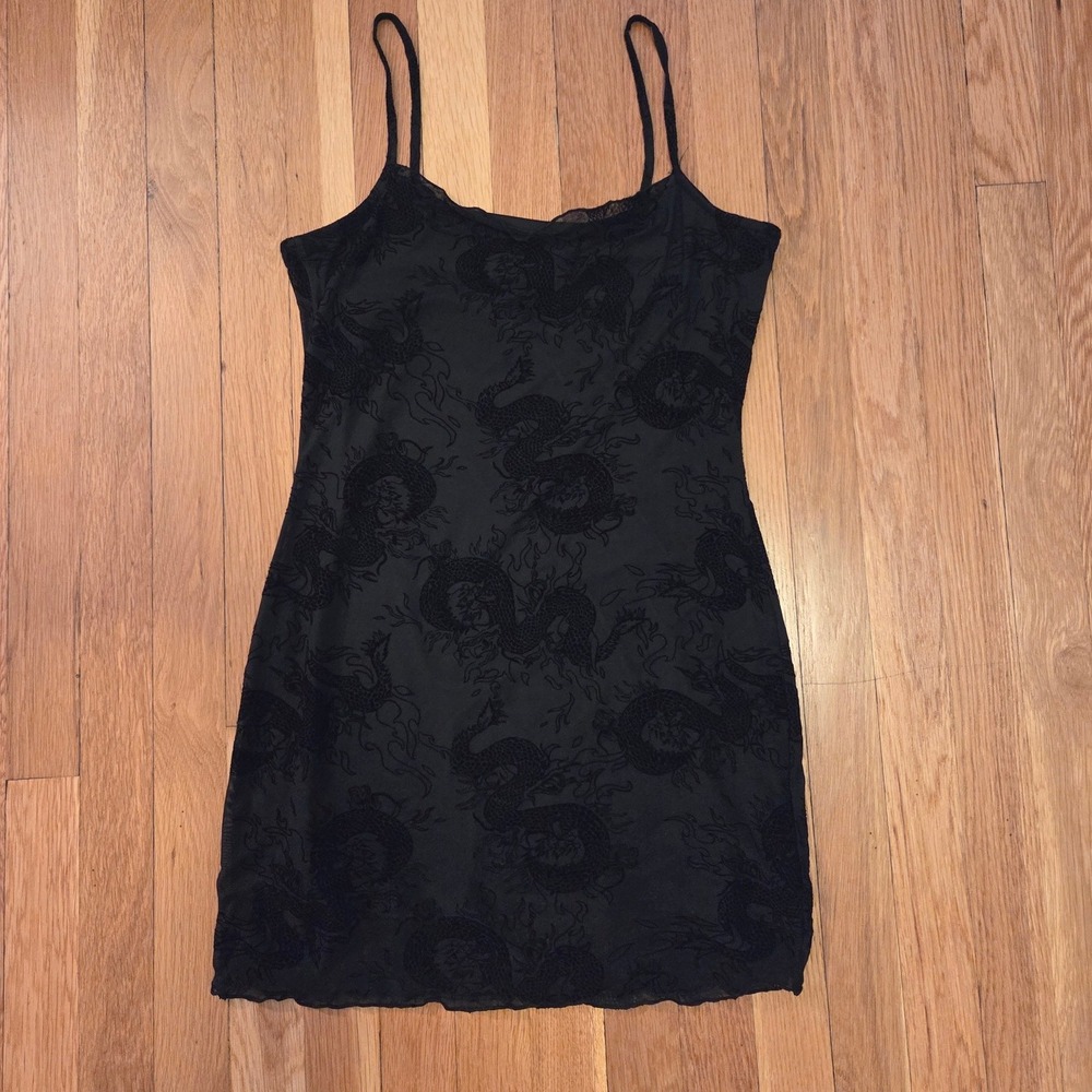 Y2K 90s Black Mesh Dragon Print Mini Dress, Velvet Burnout Flocked Goth, Sz M - Picture 6 of 11